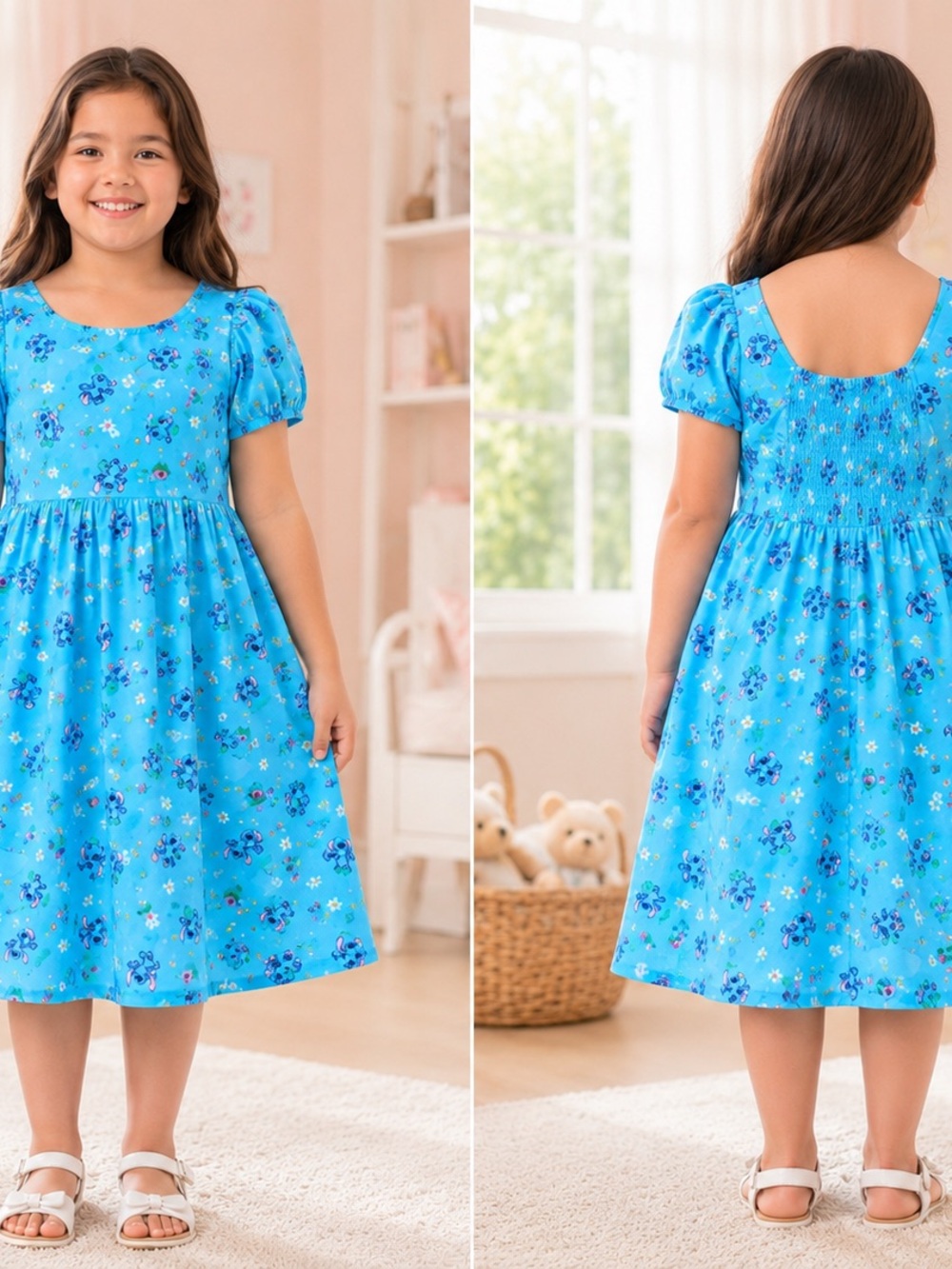 Disney “STITCH” Blue Floral Puff-Sleeve Dress for Kids Size XL EUC